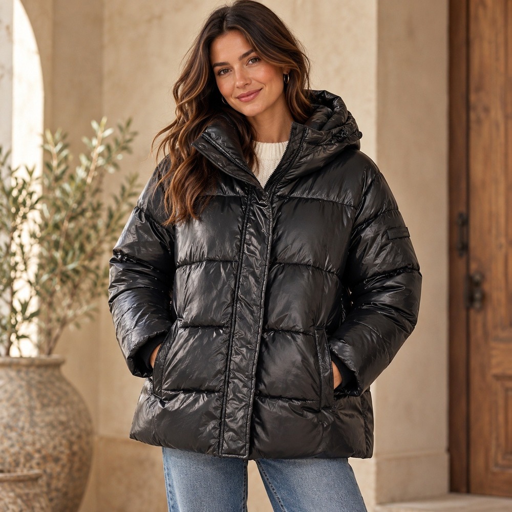Two by Vince Camuto Womens Large Black Shiny Puffer Jacket Hooded Winter Coat